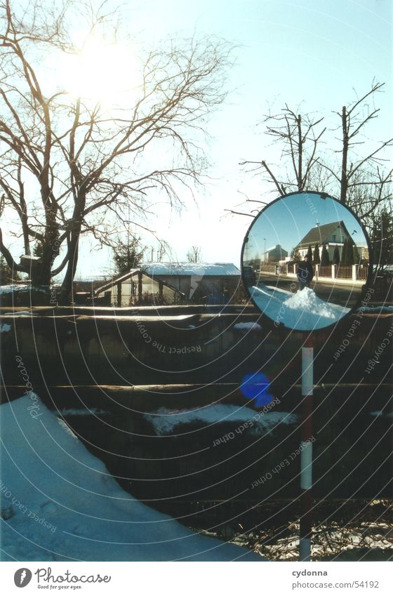 Sun mirror 2 Mirror Impression Winter House (Residential Structure) Garden settlement Tree Light Things spieglung Nature Landscape Snow Human being