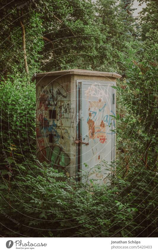 Door in forest door Entrance secret Old graffiti LAVATORY john Stone Steel Forest Green Toilet Sanitary hygiene Deserted Sanitary facilities Station cot cottage