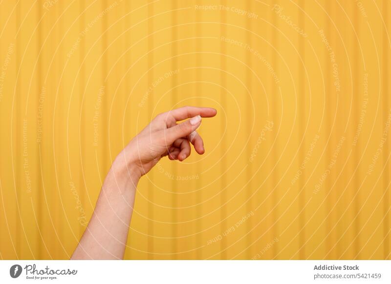 Happy woman raising hands in yellow background arms raised peaceful summer relax harmony carefree grace female enjoy tranquil rest serene freedom recreation