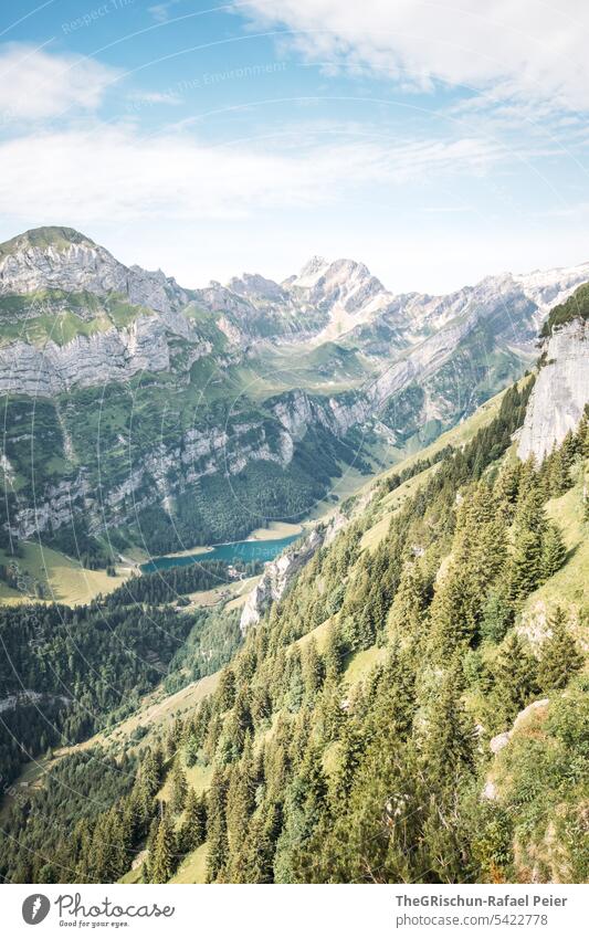 Mountain with lake in foreground Vantage point Panorama (View) Sky Clouds Alpstein hiking country appenzellerland Appenzell mountain stones Rock Walking Hiking