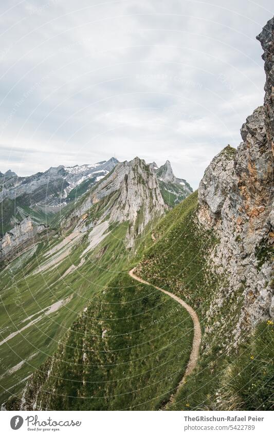 Path with view of mountains Vantage point Panorama (View) Mountain Sky Clouds path Alpstein hiking country appenzellerland Appenzell Grass stones Rock Walking