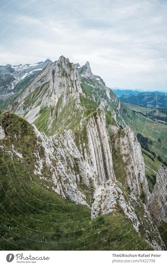 Mountains in Alpstein (Switzerland) Vantage point Panorama (View) Sky Clouds hiking country appenzellerland Appenzell mountain Grass stones Rock Walking Hiking