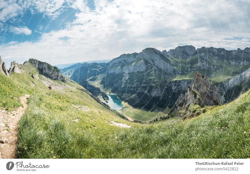 Mountain with forest and cloudy sky Vantage point Panorama (View) Sky Clouds Alpstein hiking country appenzellerland Appenzell mountain stones Rock Walking