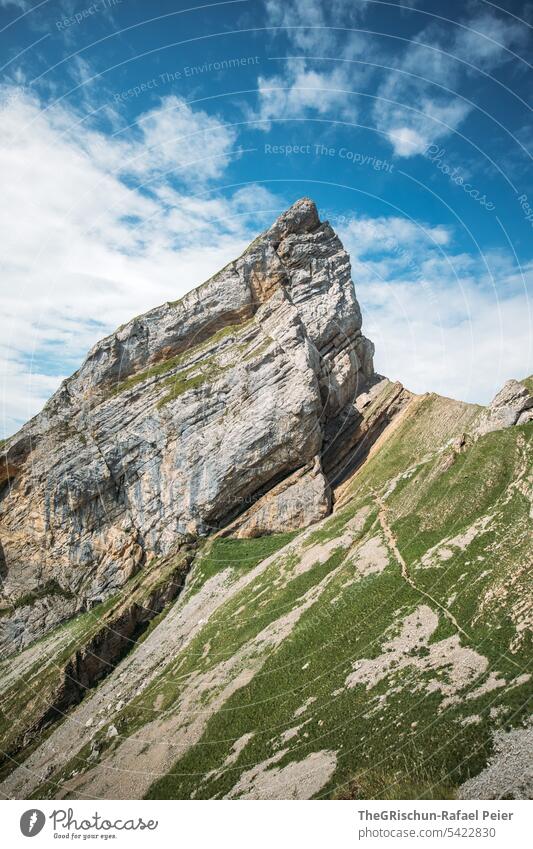 Mountains with path on steep slope Vantage point Panorama (View) Sky Clouds Alpstein hiking country appenzellerland Appenzell mountain Grass stones Rock Walking