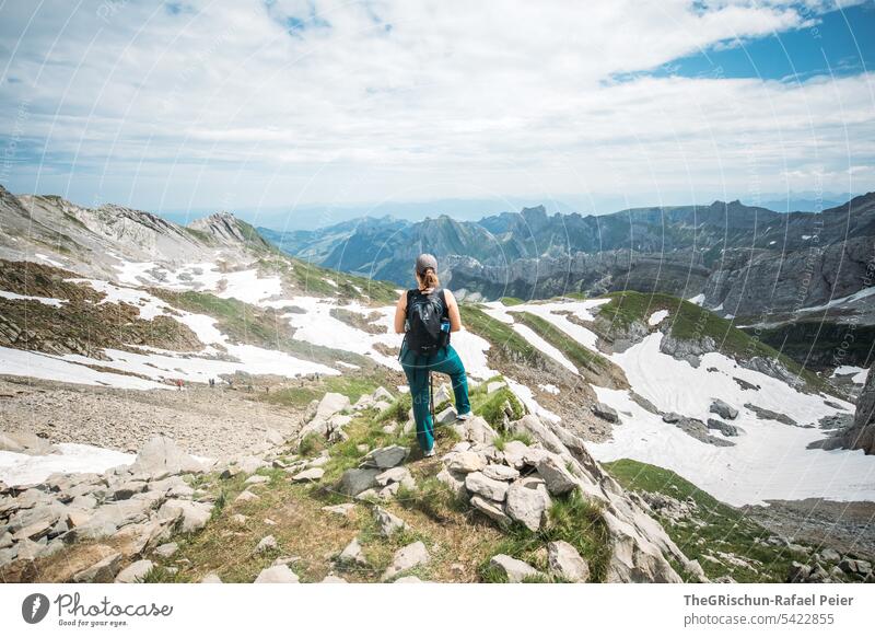 Woman standing in front of mountain panorama - Switzerland Mountain Alpstein hiking trail Hiking Clouds Landscape Tourism Colour photo appenzellerland