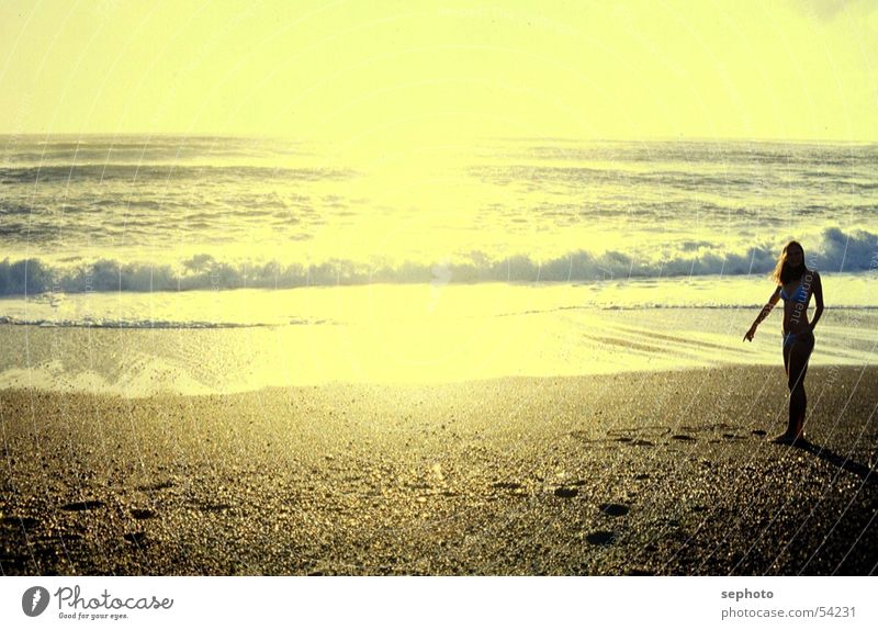 Shorebreak of love Beach Waves Sunset Back-light Lanzarote Ocean Atlantic Ocean Yellow Light Woman Sand Summer vacation Beach vacation Silhouette Swell Surf