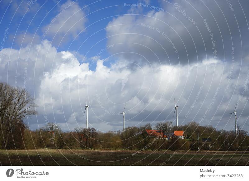 Wind turbines in front of blue sky with clouds in the sunshine on meadows and fields near Detmold at the Teutoburg Forest in the Lippe region in East Westphalia-Lippe