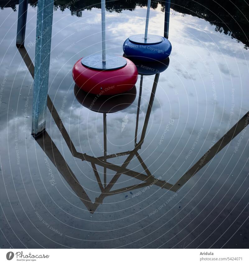 Water playground in empty swimming lake in the evening Swimming lake Lake Open-air swimming pool Evening silent Calm Dark Summer Swimming & Bathing Lakeside