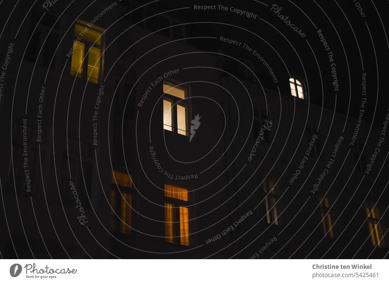 illuminated windows in town house in darkness Window House (Residential Structure) Town house (City: Block of flats) Living or residing Apartment Building