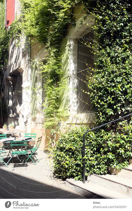 Chair circle with stairs, blue vine and laurel Old town Alley dwell Architecture urban Window Historic attitude to life Stone Facade allure style Character