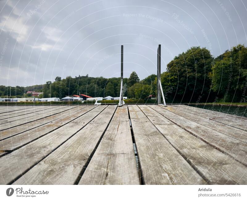 Footbridge with ladder at bathing lake with camping site wooden walkway Swimming lake Camping site Lake Water Nature Calm Deserted Ladder Forest trees Summer