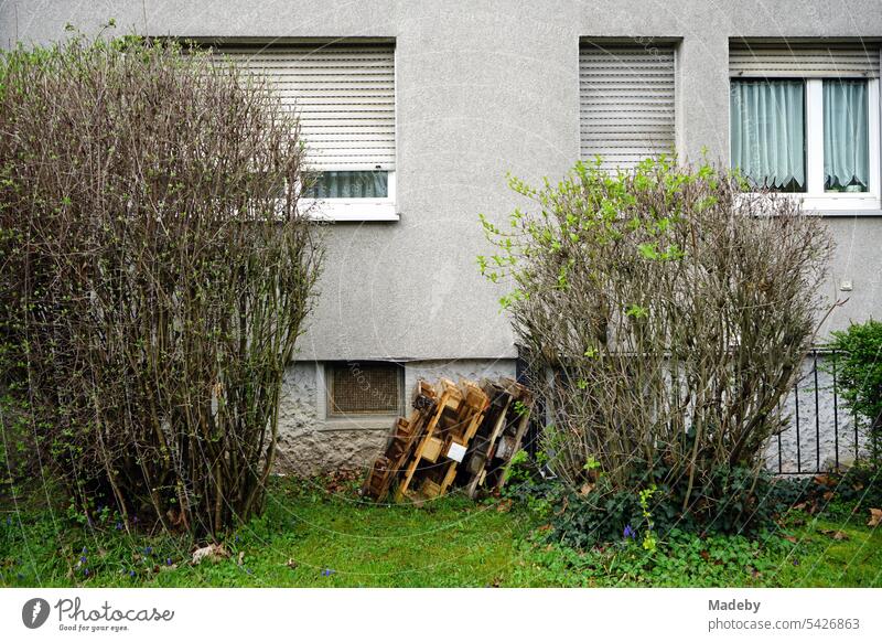 Front garden with wooden euro pallets and window with roller shutter of an old gray tenement and apartment building on Hanauer Landstraße in the district of Fechenheim in Frankfurt am Main in the German state of Hesse