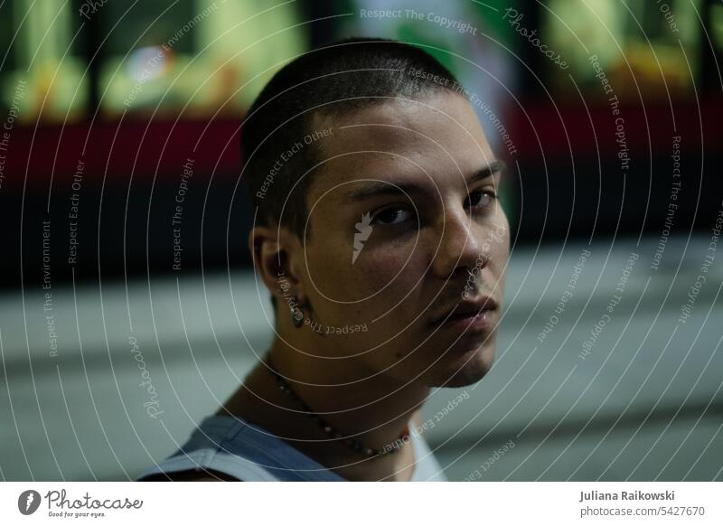 Night portrait of a young man Lifestyle Esthetic Human being gen z younger Young man Authentic naturally nightly Face Hair and hairstyles Town urban