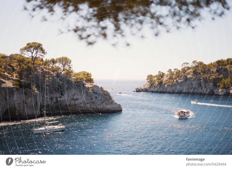 Limestone cliffs of the Presqu'-Île of Cassis with boats Presqu'-Île Cassis Southern France CALANQUES pines limestone rock Cote d'Azur Mediterranean Water