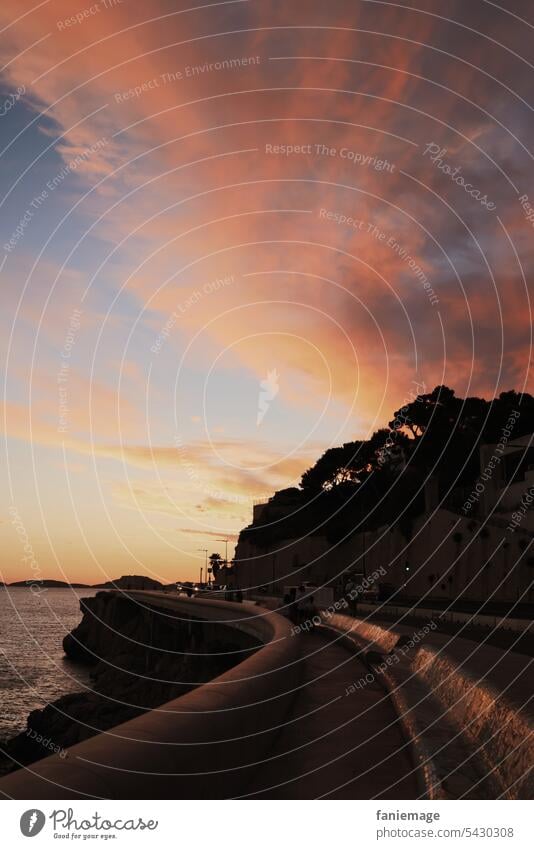 Side trip to the Corniche in Marseille at sunset Sunset pink clouds Clouds little cloud evening mood light blue Pink Orange beach promenade Transport