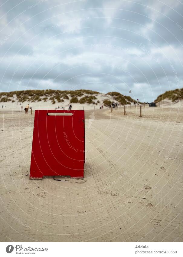 Red information board on the beach Beach Sand info board dunes Marram grass Car tracks Skid marks coast Vacation & Travel duene Nature Landscape Sky Clouds