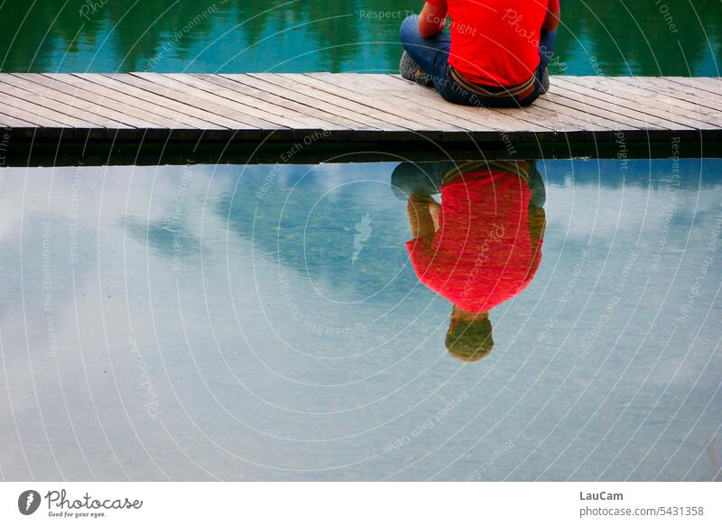 unwind Lake Man rest refuel meditate Footbridge reflection Calm Lake surface Reflection in the water Reflection in the lake come to find oneself