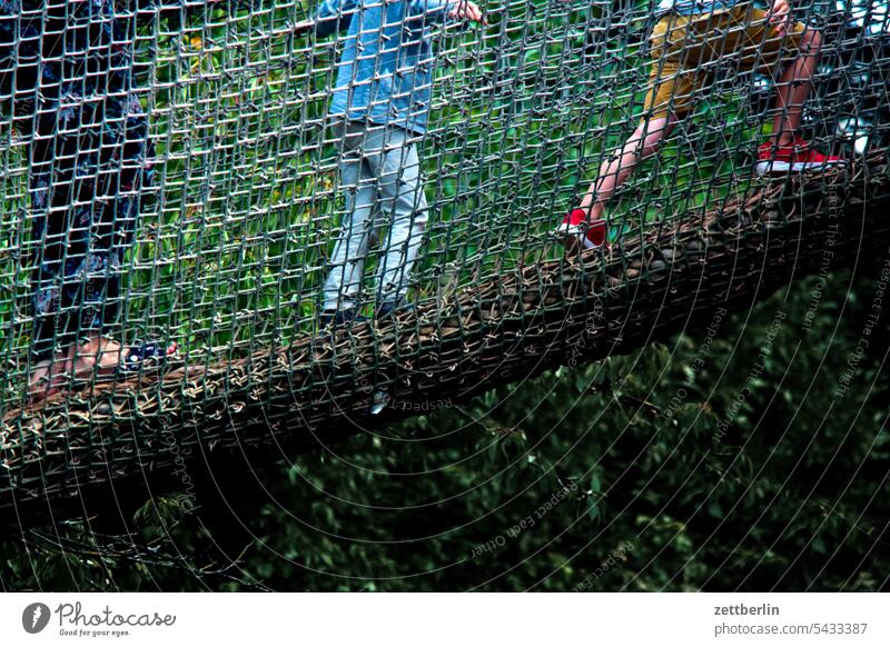 Children crossing a bridge Animal Wild Wild animal Zoo zoo visit Bridge Wooden bridge Traverse Crossing Net Catching net Protection rail Bridge railing Scouts