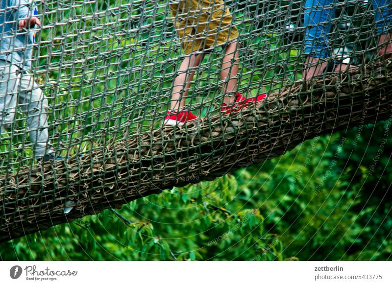 Children cross a bridge again Animal Wild Wild animal Zoo zoo visit Bridge Wooden bridge Traverse Crossing Net Catching net Protection rail Bridge railing