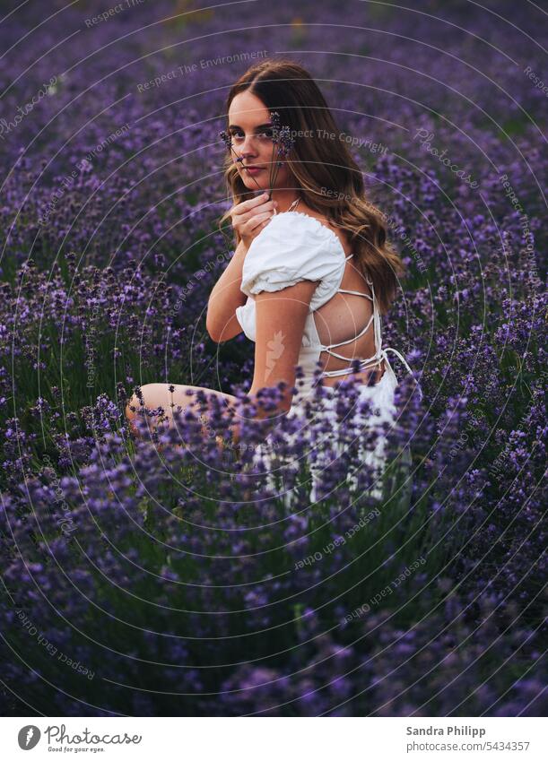 Girl sitting in lavender field Lavender shoot portrait purple Nature Lifestyle Violet Blossom Fragrance Summer Flower Plant lavender scent Summery