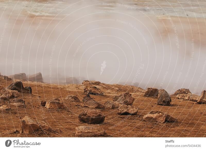 Mars landscape with sulfur steam on Iceland Martian landscape geological Sulphur Springs witch's kitchen Icelandic geothermal geothermal energy inaccessible