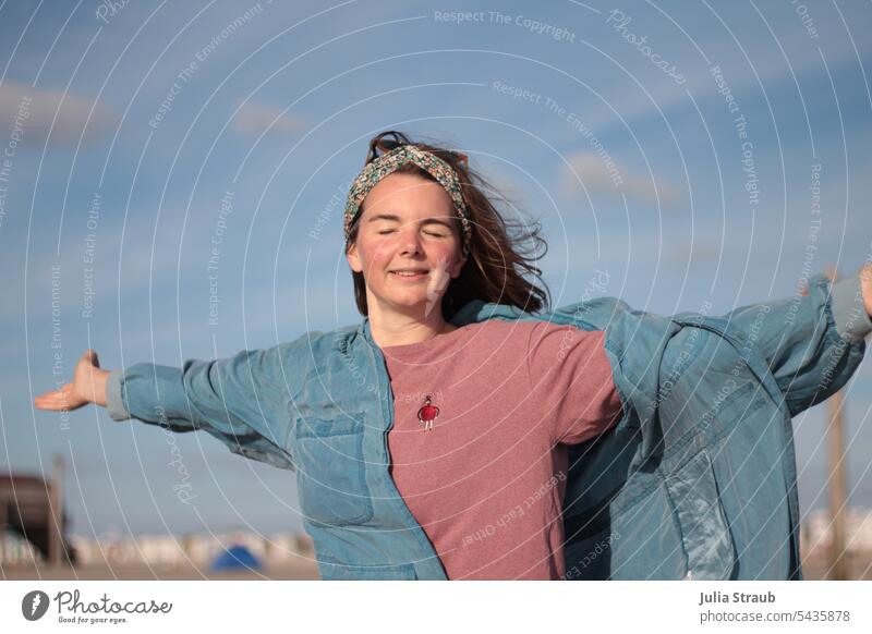 Hello sea :D by the sea Wind Sand Sun Sunlight Woman eyes closed Joy North Sea Hairband Jacket Sky Clouds Beach coast Vacation & Travel Summer Nature Landscape