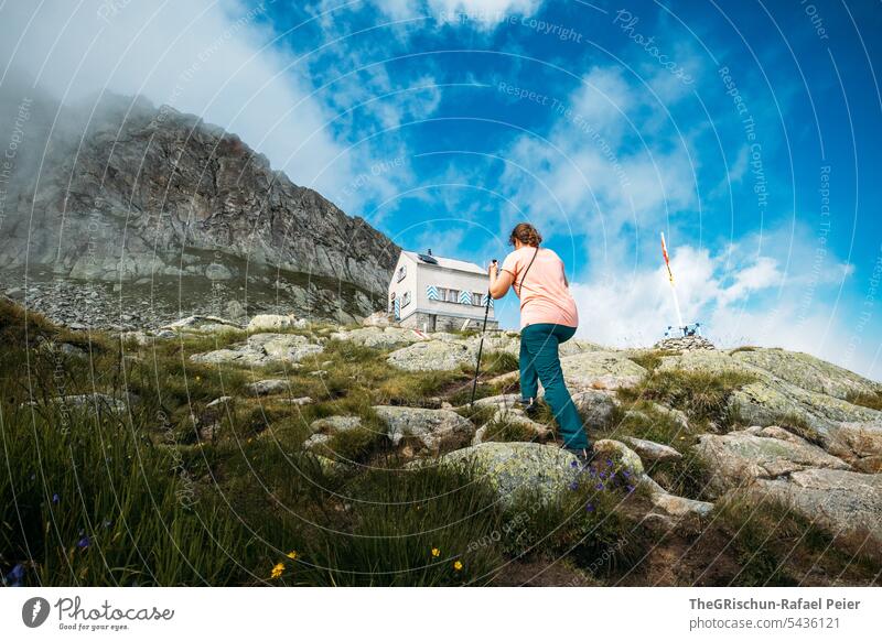 Woman running to mountain hut (Dammahütte) Hiking Walking Hut sac Switzerland Tourism Mountain Landscape Alps Nature Colour photo mountains Vantage point