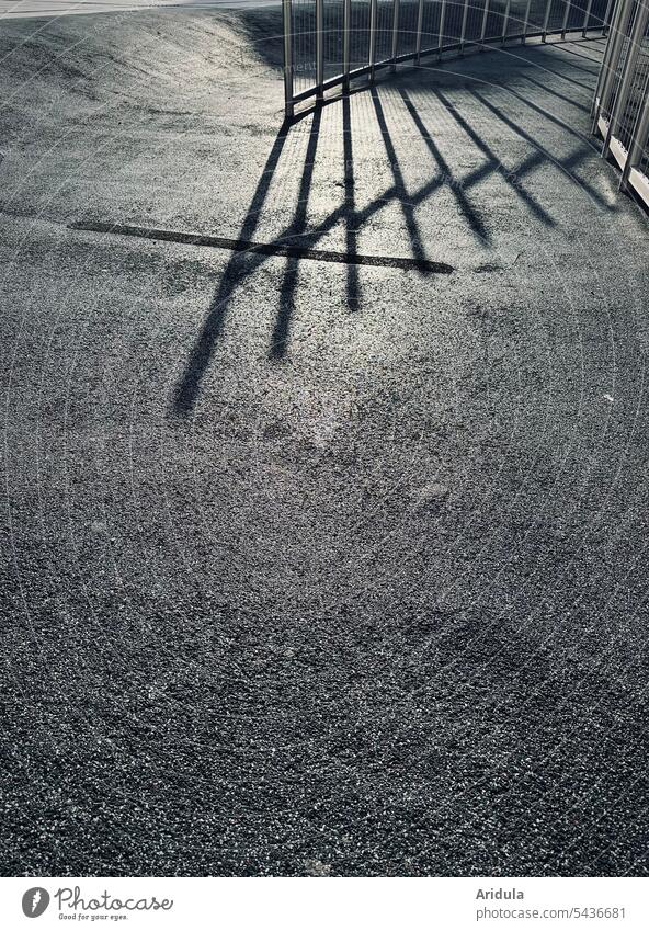 "Rubber asphalt" with railing shade Ground Asphalt Shadow Gray Structures and shapes urban Town Deserted Floor covering Exterior shot High-grade steel Fence