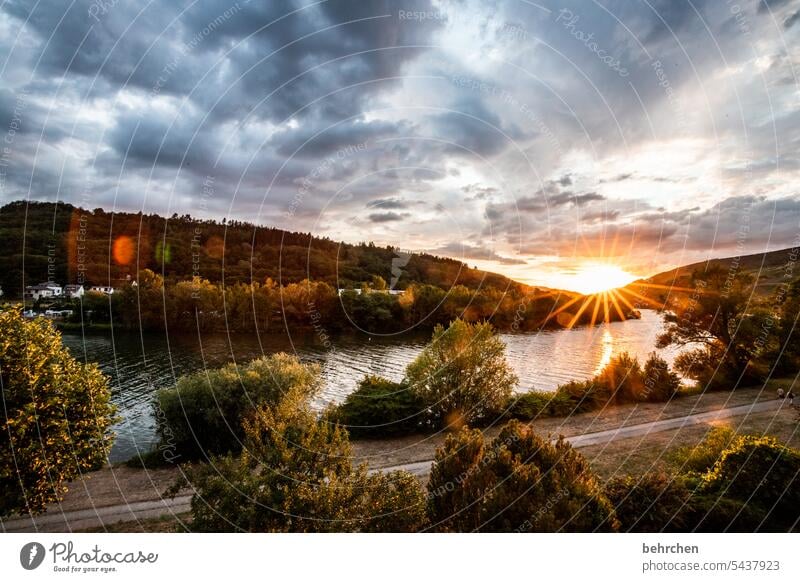 warmth Kitsch Bright Clouds Hope Light Gorgeous Dream romantic Romance Mountain River Moselle Sunbeam Landscape Evening Back-light Summer Sunset Sunlight