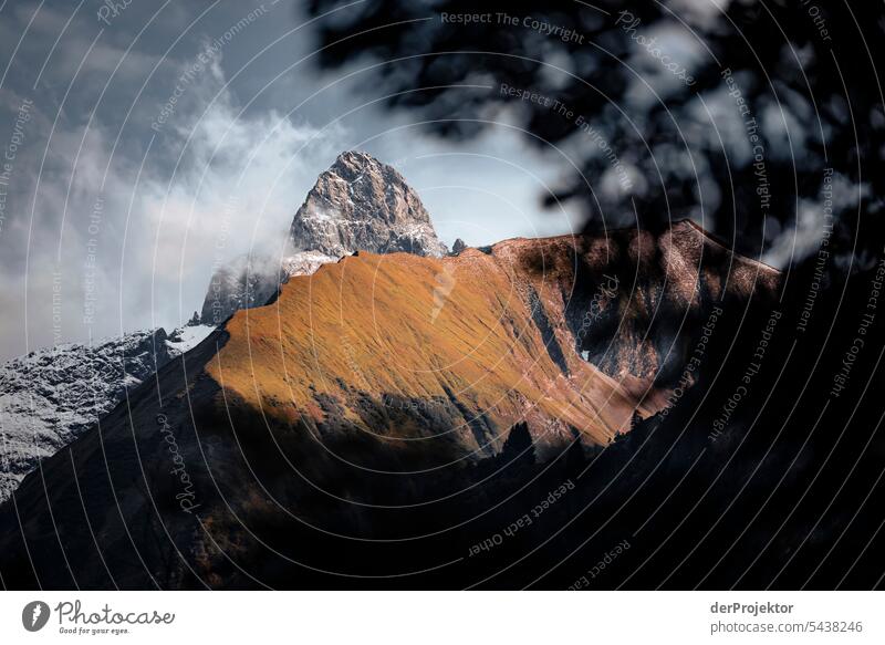 View of the Trettachspitze in the evening light Central perspective Deep depth of field Contrast Shadow Light Day Copy Space middle Copy Space right