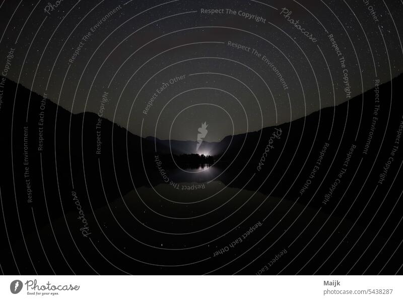 Nature at night Night sky Silhouette Starry sky Lake Lakeside Exterior shot Sky Long exposure Deserted Stars Starlit Universe stars Mountain Slope Landscape