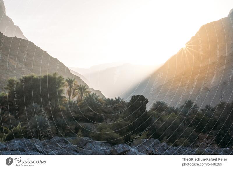 Sun sets behind a mountain - palm trees in front, mountains behind Wadi Nature Dry Vacation & Travel Tourism popular Oman Cliff Canyon Sky Colour photo Arabia