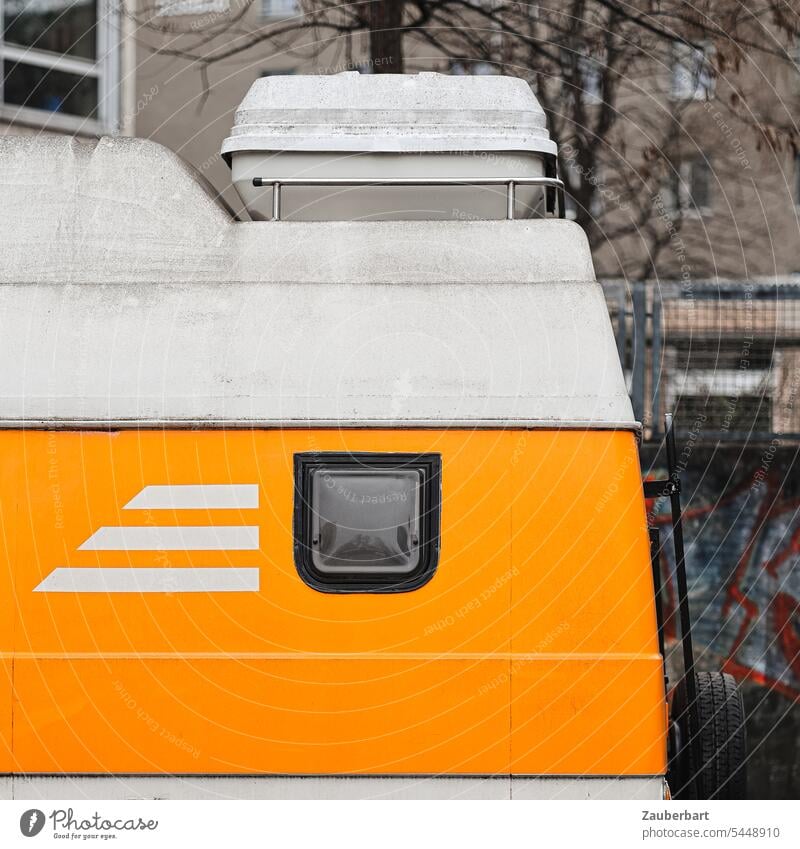 Van with window in orange waiting for new adventures van Orange bulli Window vanlife Freedom Adventure travel awakening Driving Sync and corrections by n17t01