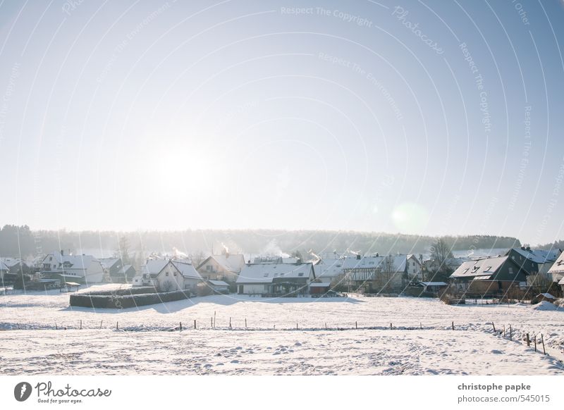 snowy village landscape in winter Village Winter House (Residential Structure) Ice Snow Frost Idyll Sunlight Beautiful weather Freezing cold Field Siegerland