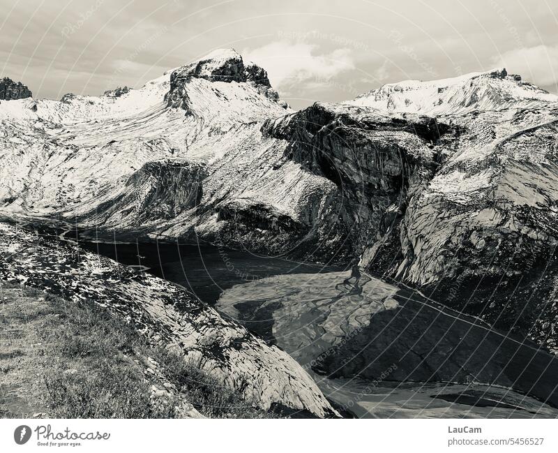 Mountain panorama - view of a plateau mountains rocky curt Snow Peak Snowcapped peak High plain abyss Alps Landscape Nature Rock outlook Sky Clouds