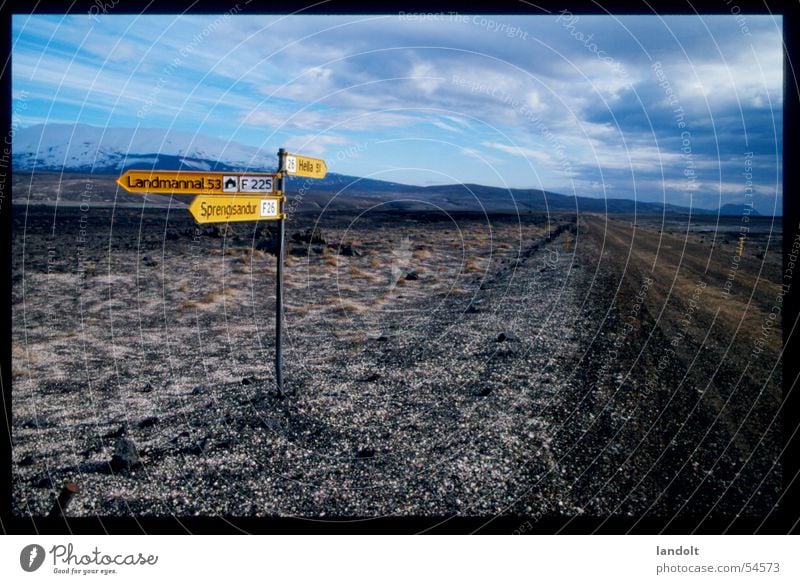 nowhere Iceland Longing Vacation & Travel Horizon Deserted Whereto Street sign Yellow Road marking Far-off places Island Arrow Lanes & trails Empty