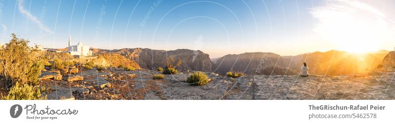 Panoramic view of sunset - woman enjoying the view Oman Steep hilly Sunset Moody Jebel Akhdar Dry Hot Nature Colour photo Sky Tourism Arabia Day Mountain