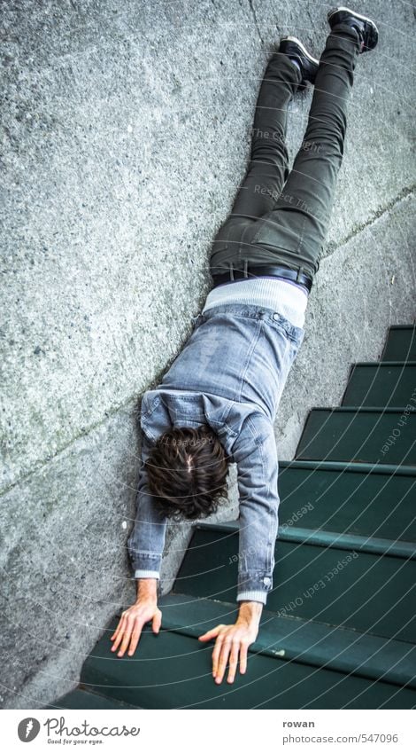 stairs handstand Human being Masculine Young man Youth (Young adults) Man Adults 1 Town Handstand Stairs Dangerous Acrobatics Gymnastics Illusion Trick Joke