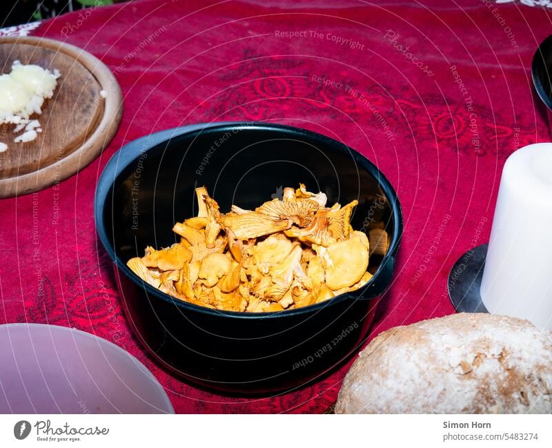 Chanterelles waiting to be prepared in rustic surroundings mushrooms mushroom pick Edible consumption preparation alpine hut Rustic food Nature Forest Autumn