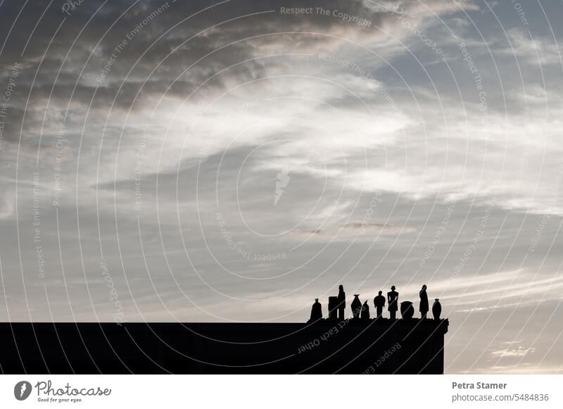 The strangers Sky Clouds monochrome Black & white photo White Gray Silhouette silhouette Contrast Foreign Exterior shot Copy Space Silhouette people