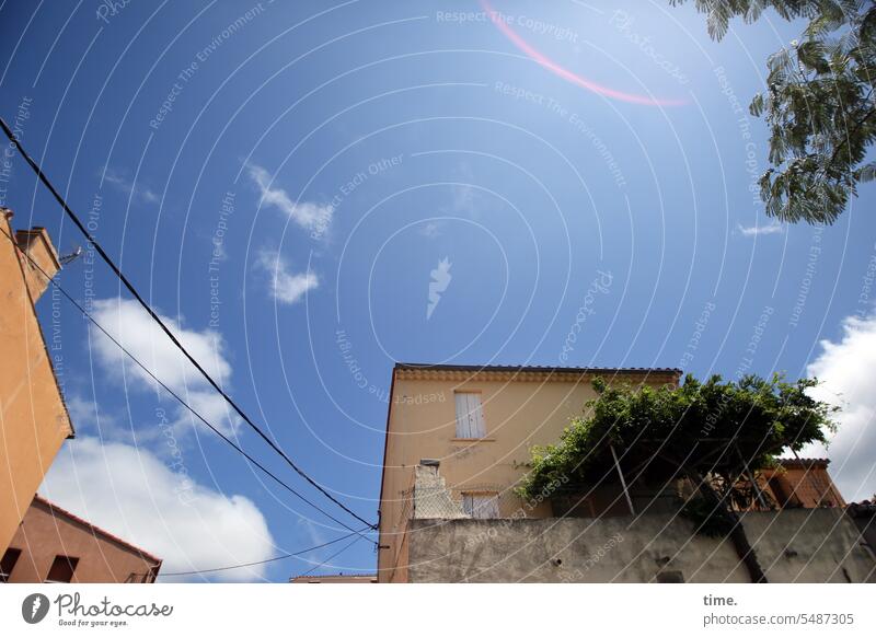 roped parties House (Residential Structure) houses Sky Tree power line Clouds Summer Connections Window Building Town Architecture Facade Roof urban