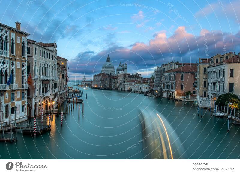 View on Canal Grande from Ponte dell' Accademia in the Morning, Venice boat cupola venice grand canal santa maria sunrise cloud colorful sky exposure time long