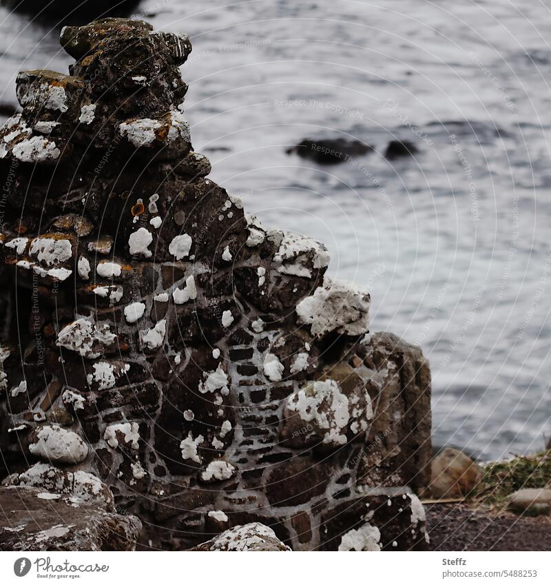 old stone wall and the sea in the Faroe Islands färöer Sheep Islands Streymoy Ruin Old ancient Derelict derelict house Stone wall Wall (barrier) stones