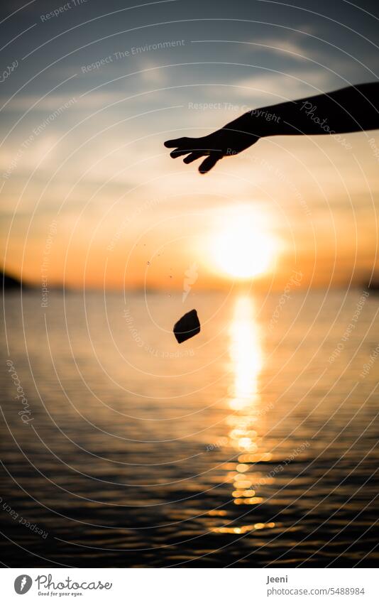 Into the water falls a stone Water Sunset Ocean Light Stone Hand Drops of water Summer To fall plumped Wet Sky Horizon Vacation & Travel Reflection Beach