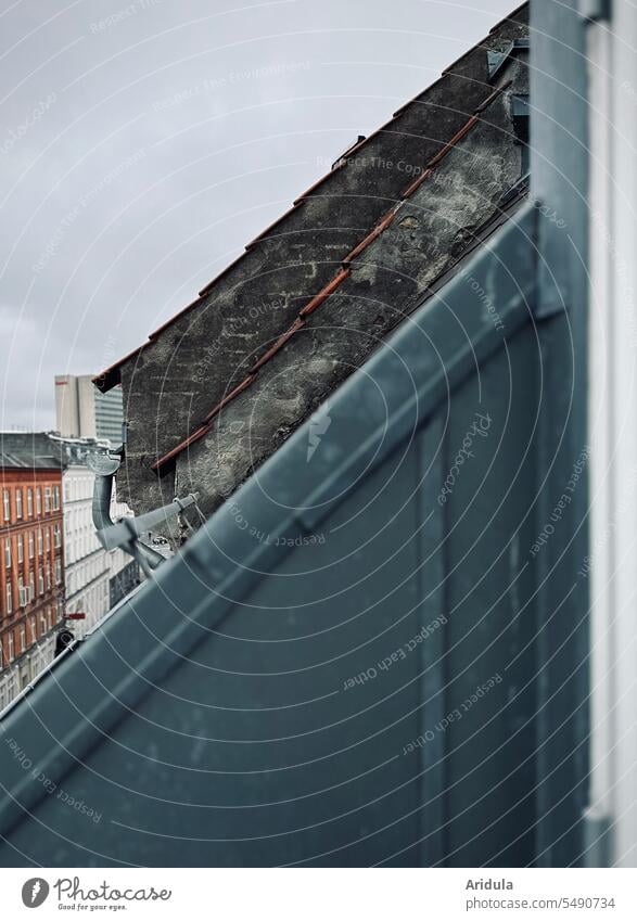 View from the skylight Wall (barrier) Town Old building Skylight Roof Gray Dreary bleak houses station district Window House (Residential Structure)