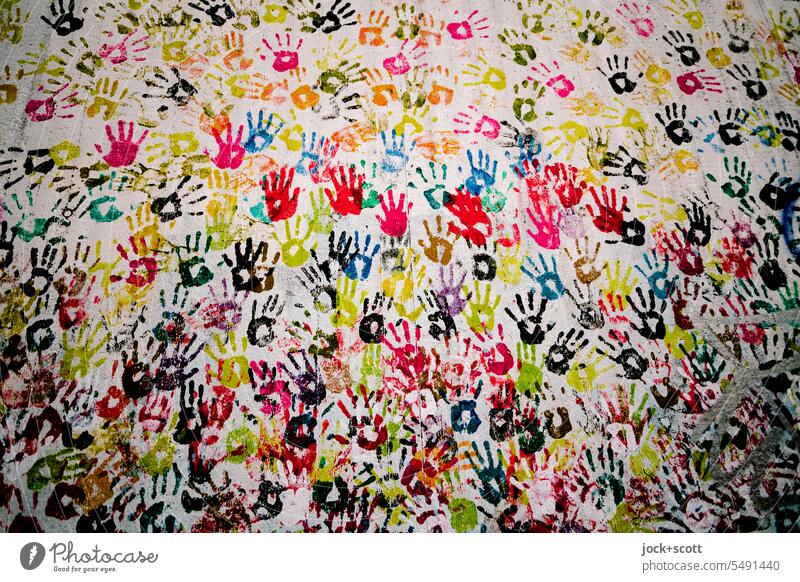 with hand and hand it becomes more colorful handprint Hand Imprint Creativity Touch Silhouette Abstract Structures and shapes Street art Multicoloured Many