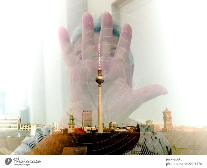 Hand auf Fernsehturm Berlin TV Tower Double exposure Tourist Attraction Berlin-Mitte Reaction Experimental Illusion Landmark Capital city Surrealism Irritation