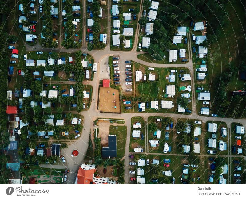 Trailers in camp site near Baltic sea, aerial view campsite van beach trailer caravan camper travel camping summer poland wladyslawowo baltic tourism motor home