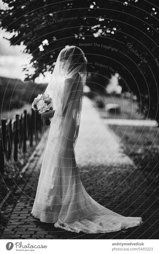 Black and white photo. elegant bride in white dress posing. Bride portrait wedding makeup and hairstyle, fashion bride. wedding day. noise and grain in the photo