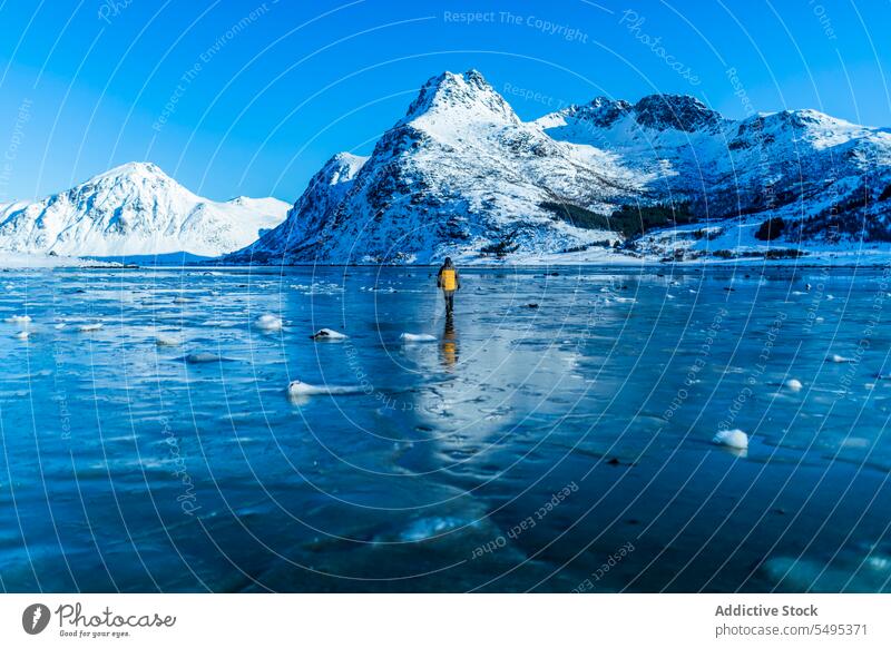 Traveler standing on frozen lake near snowy mountains traveler tourist winter nature lofoten island norway shore coast cold blue sky ice scenic north trip ridge